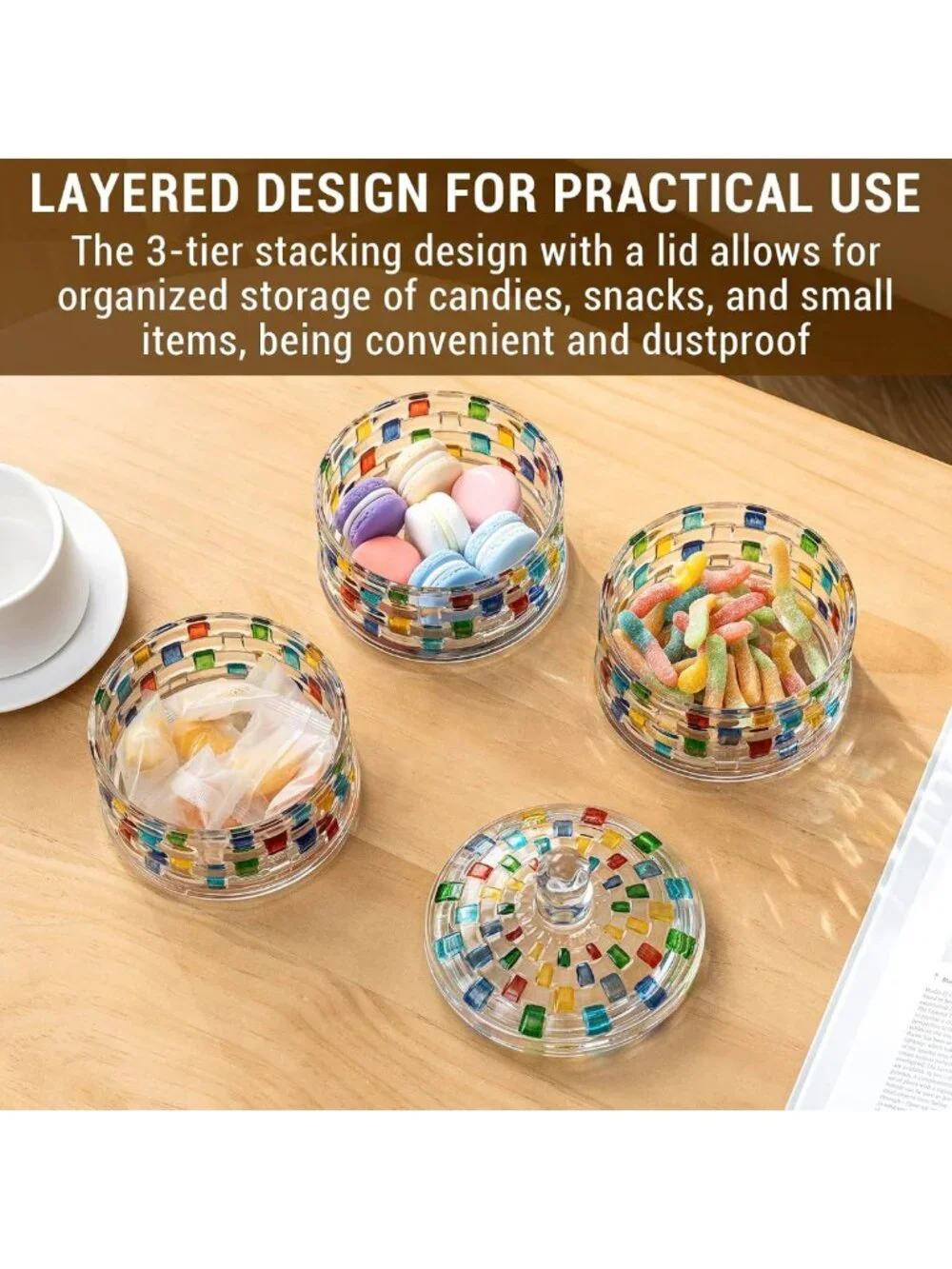 Colorful 3-Tier Crystal Glass Candy Jars with Lid - Decorative Storage for